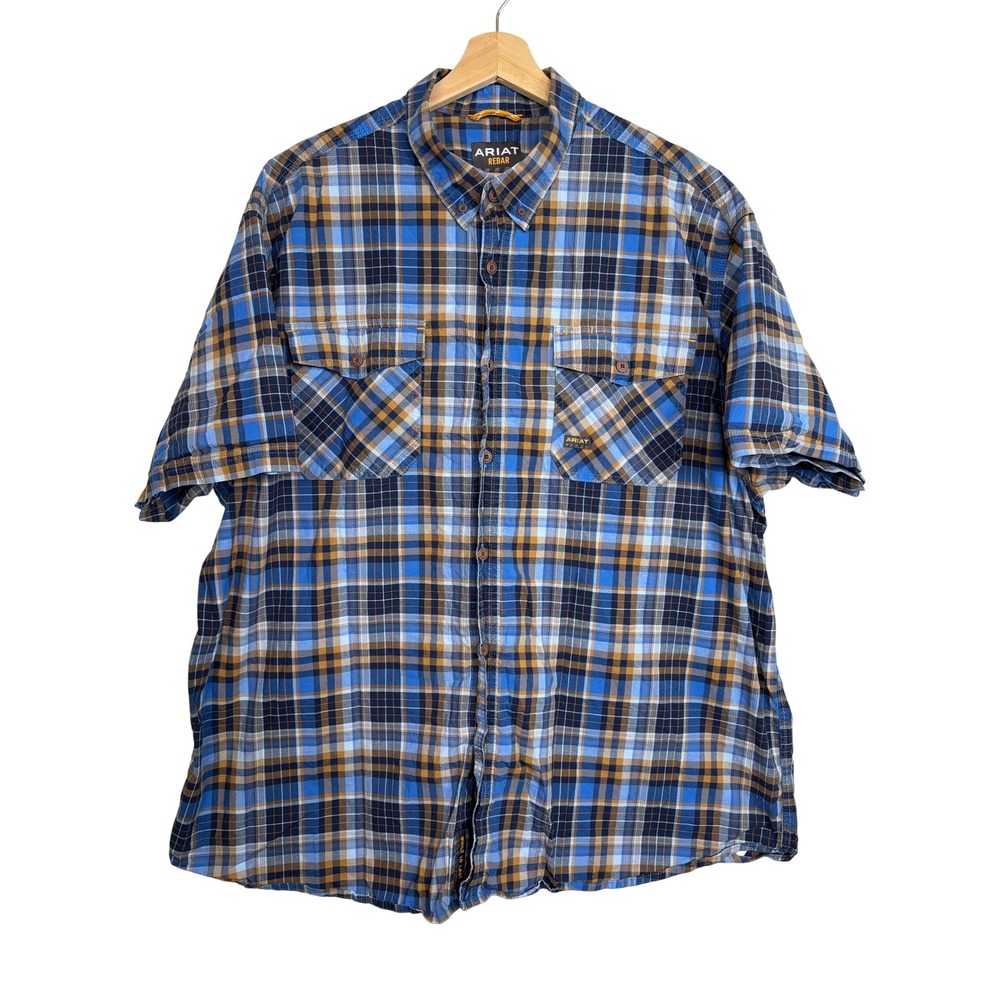 Ariat Rebar Made Tough Work Shirt XXL Blue Plaid Rugged Hiking Farming Outdoor